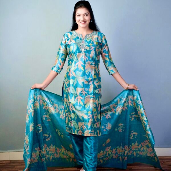 Blue Floral Brocade Straight Kurta Set with Dupatta