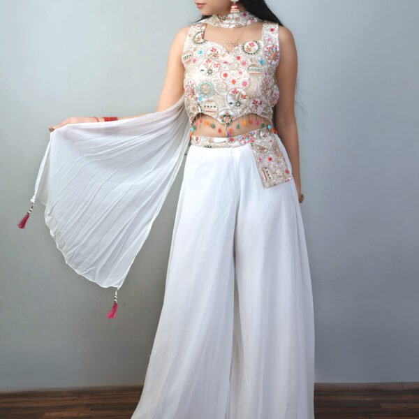 Ivory White Palazzo Set with Multicolour Embroidered Crop Top