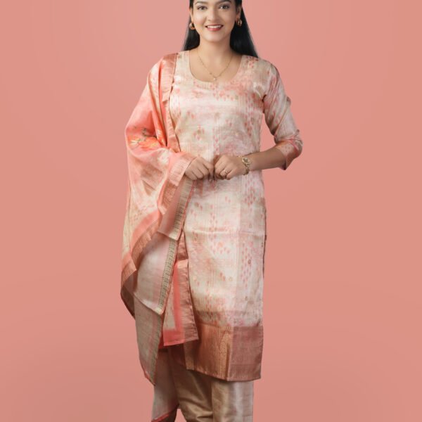 Elegant Peach-Gold Silk Suit Set with Dupatta