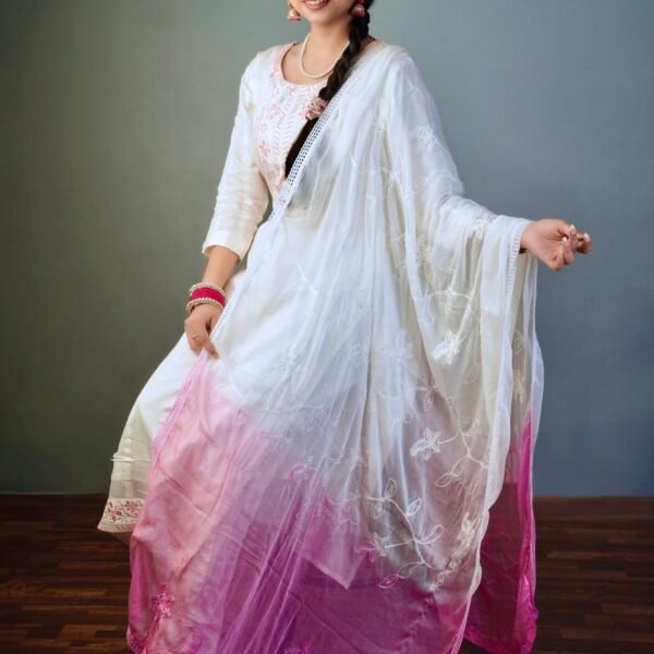 White & Pink Thread Embroidered Suit Set