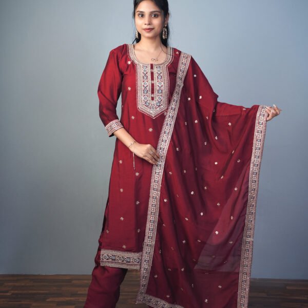 Maroon Mirror Work Straight Kurta Set with Dupatta