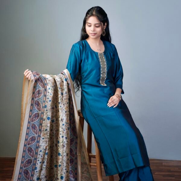 Elegant Teal Embroidered Kurta Set with Printed Dupatta