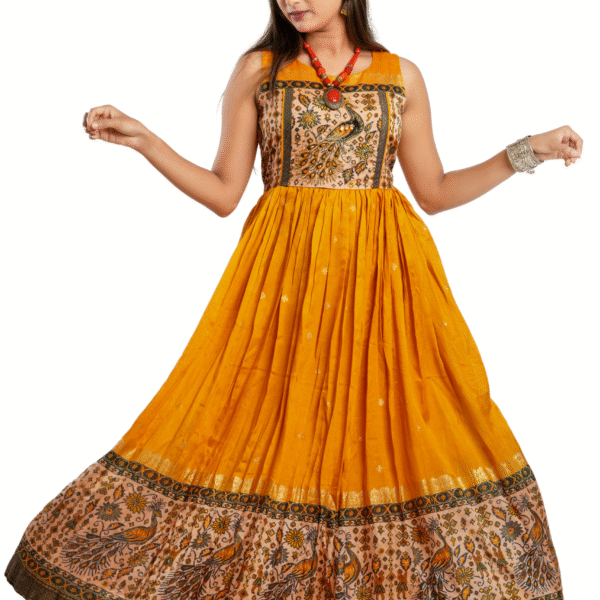 Mustard yellow Maslin silk with hand work  Pattern - yellow long dress