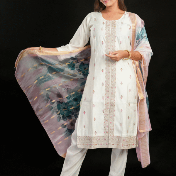 White Colour chanderi  Pattern - 3piece